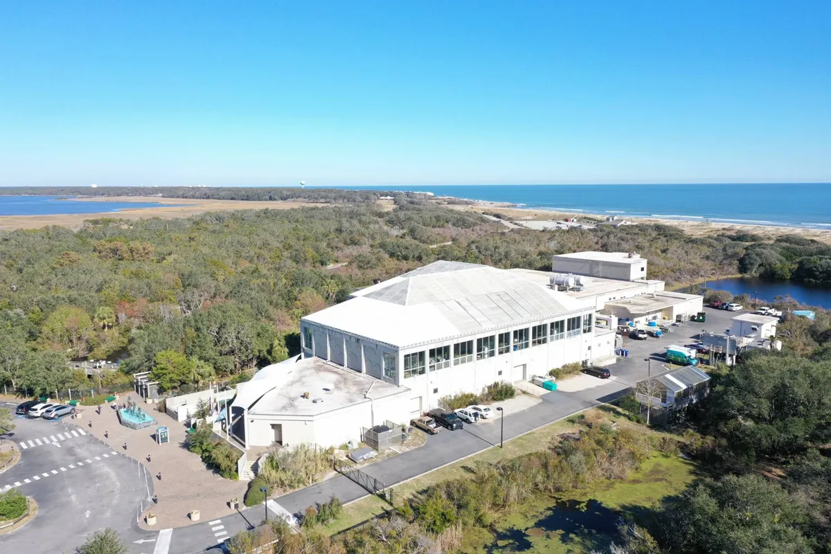 A wide-angle exterior view of a large building surrounded by greenery, with the ocean visible in the background and a spacious parking lot in front. The scene suggests a significant attraction, possibly the NC Aquarium at Fort Fisher, set amidst natural beauty.